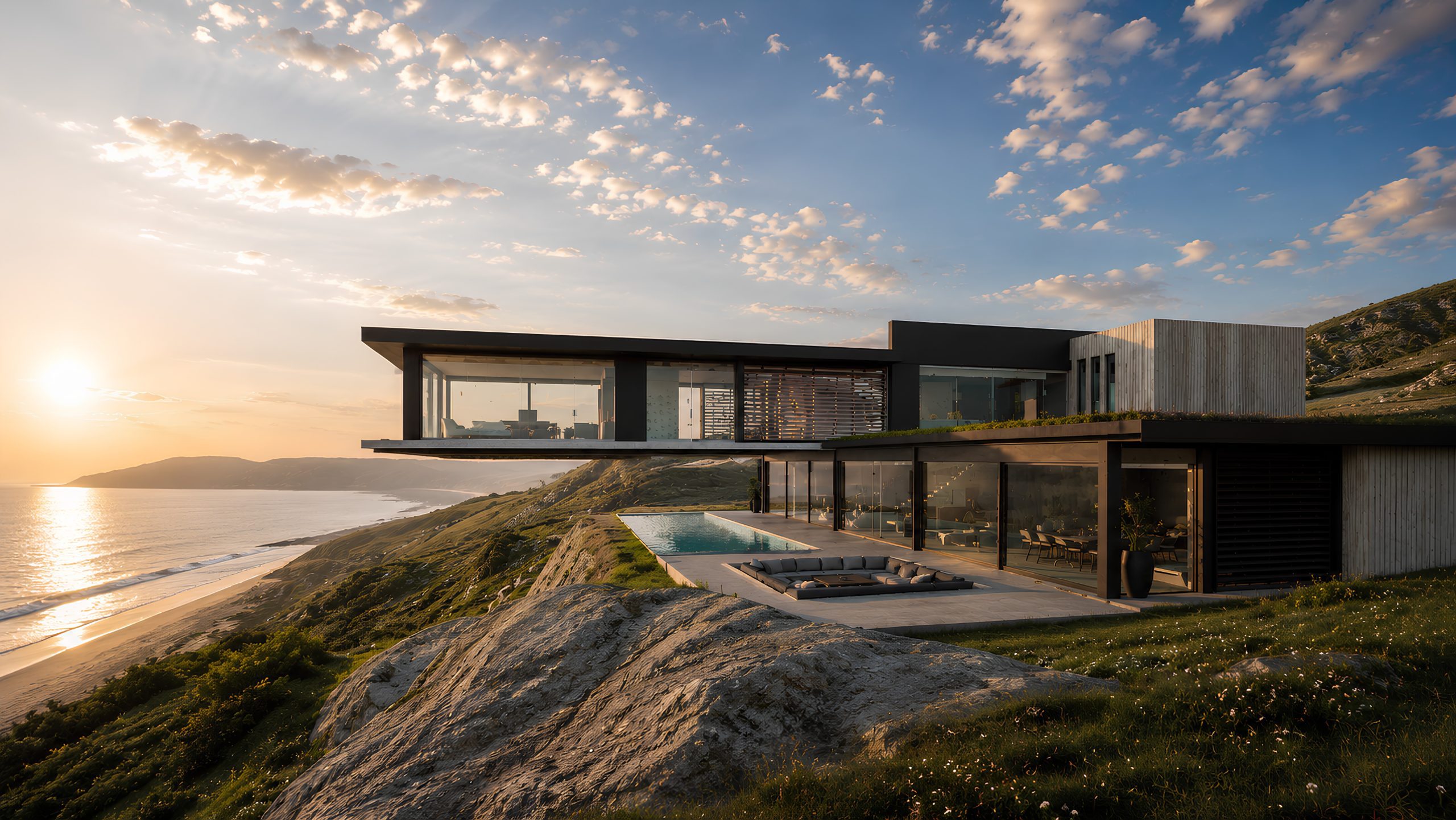 Cliff House върху крайбрежния склон при залез