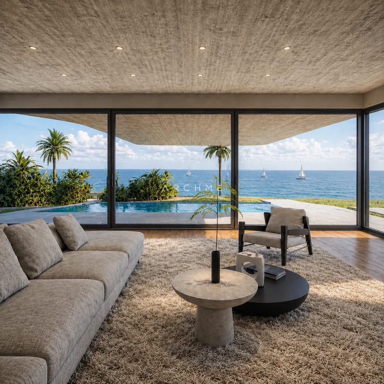 Дневната зона на Cliff House с панорамна гледка към морето