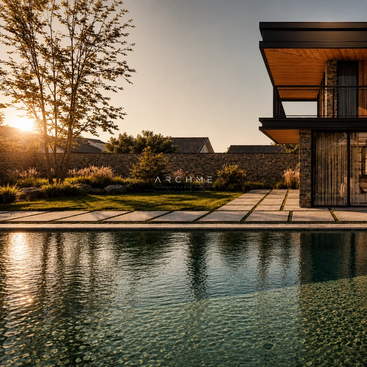 Камък, дърво, вода и вечерна светлина в Atrium House
