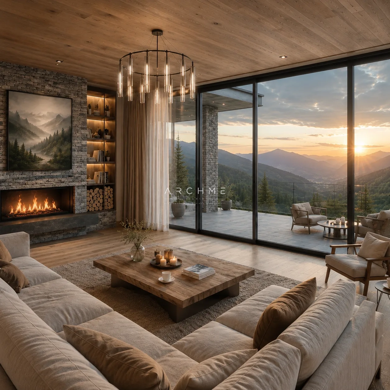 Дневната зона на Rhodope Sunset House с панорамно остъкляване