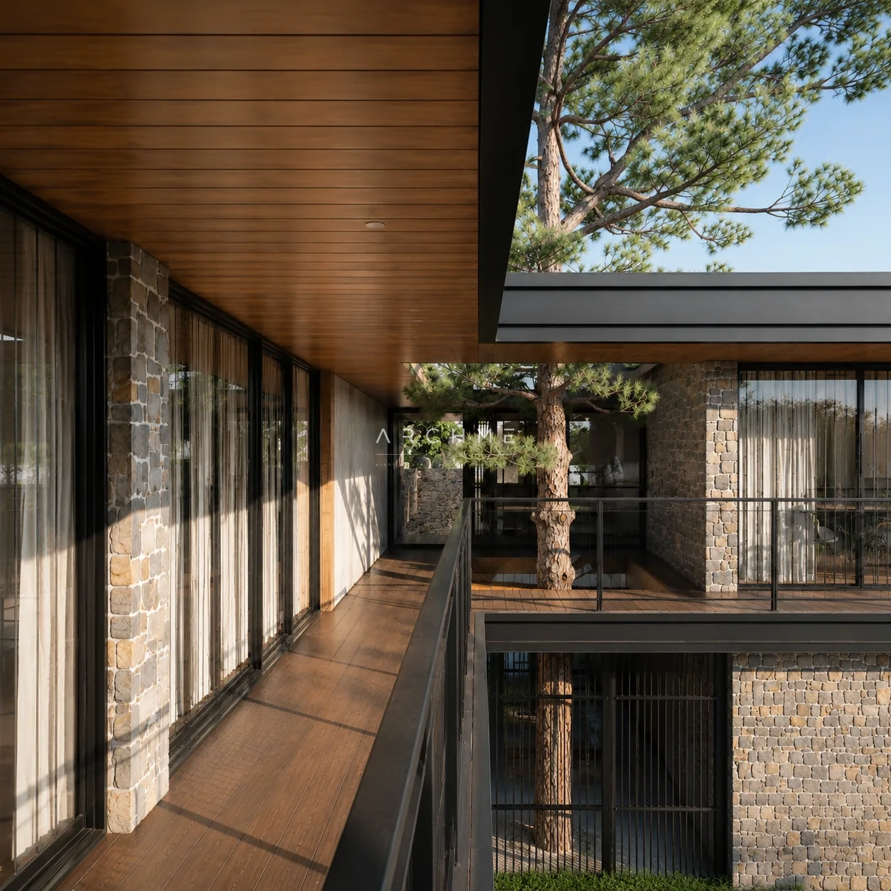 Откритият коридор и дървото, които свързват обемите на Atrium House