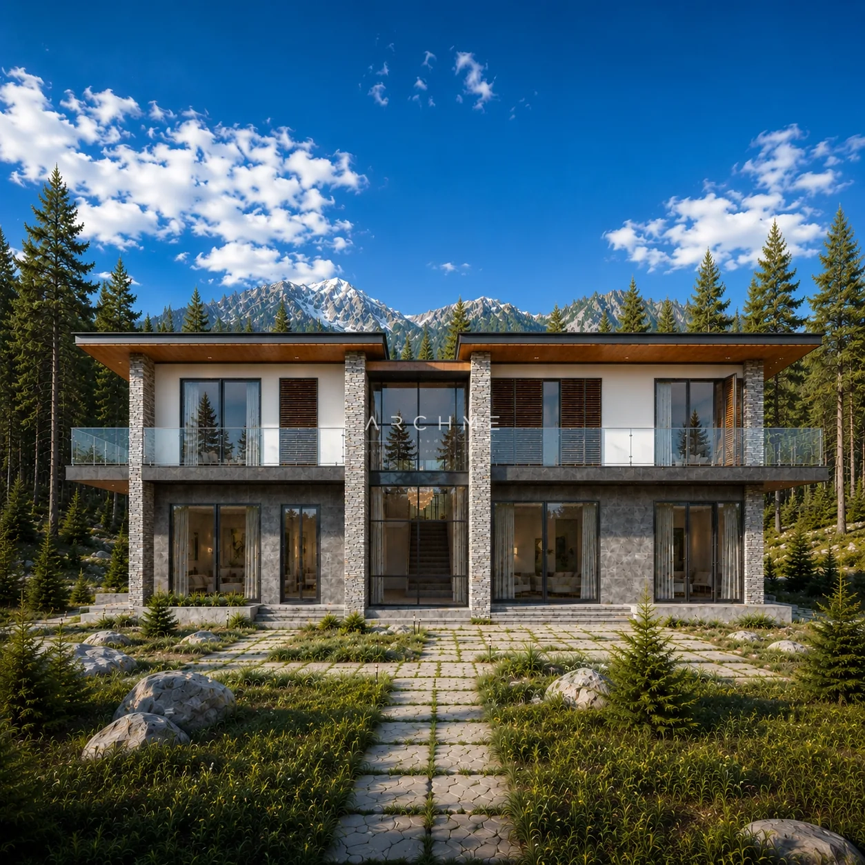 Светлата фасада и каменната основа на Rhodope Sunset House
