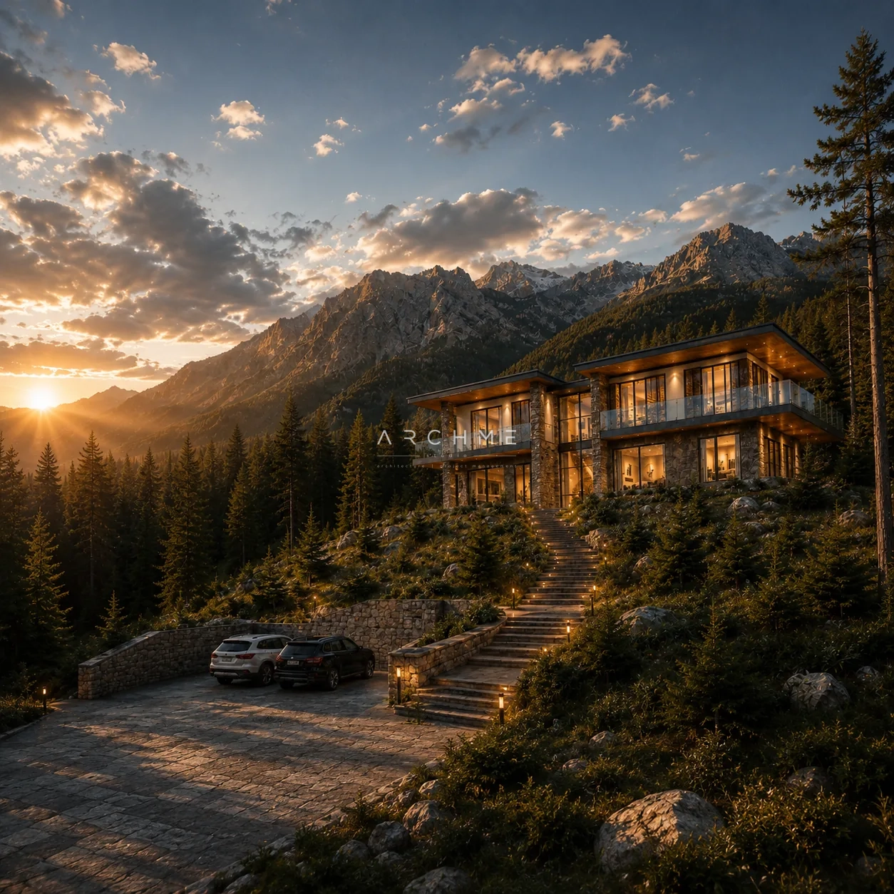 Rhodope Sunset House сред планинския пейзаж по залез