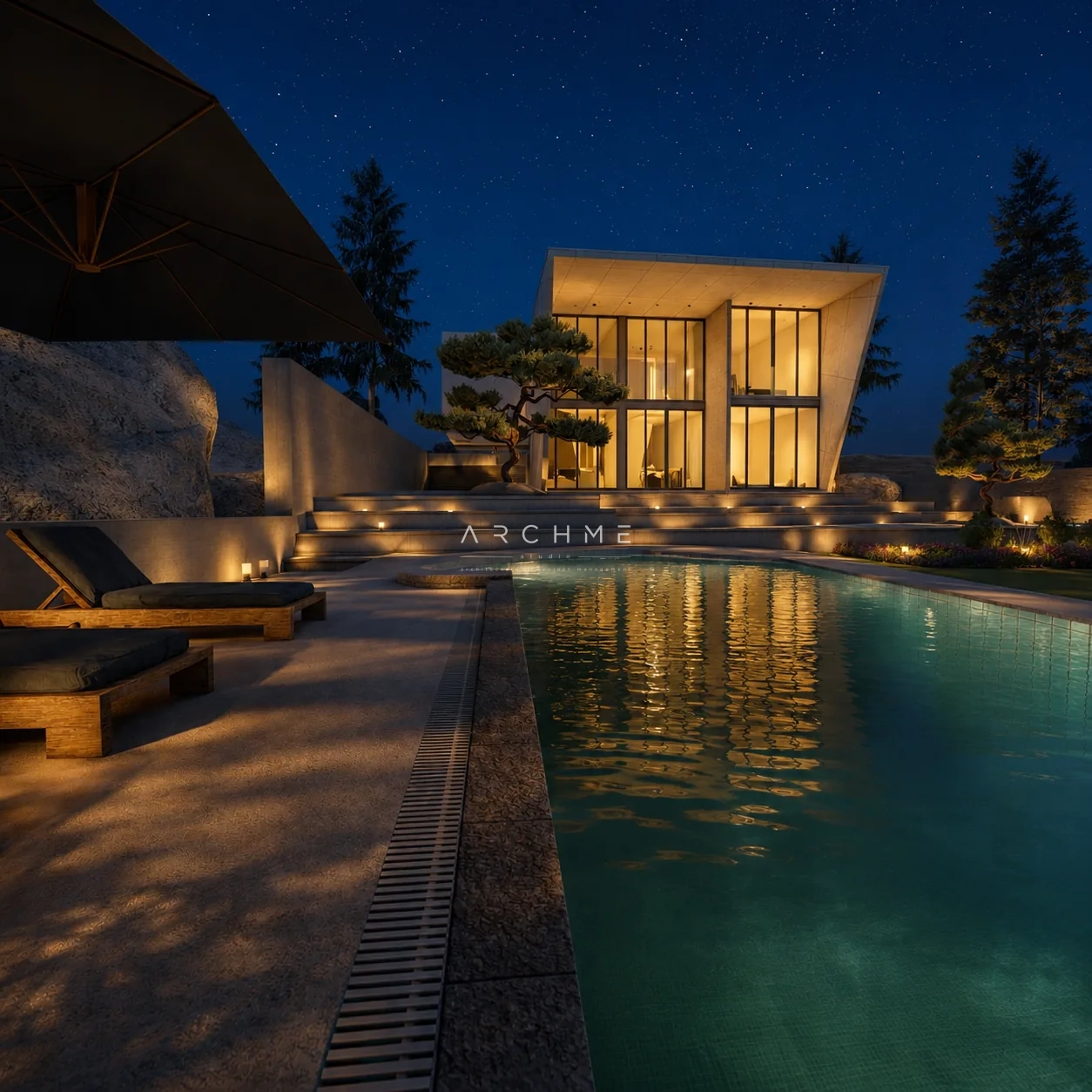 Forest Retreat House и басейнът във вечерна светлина