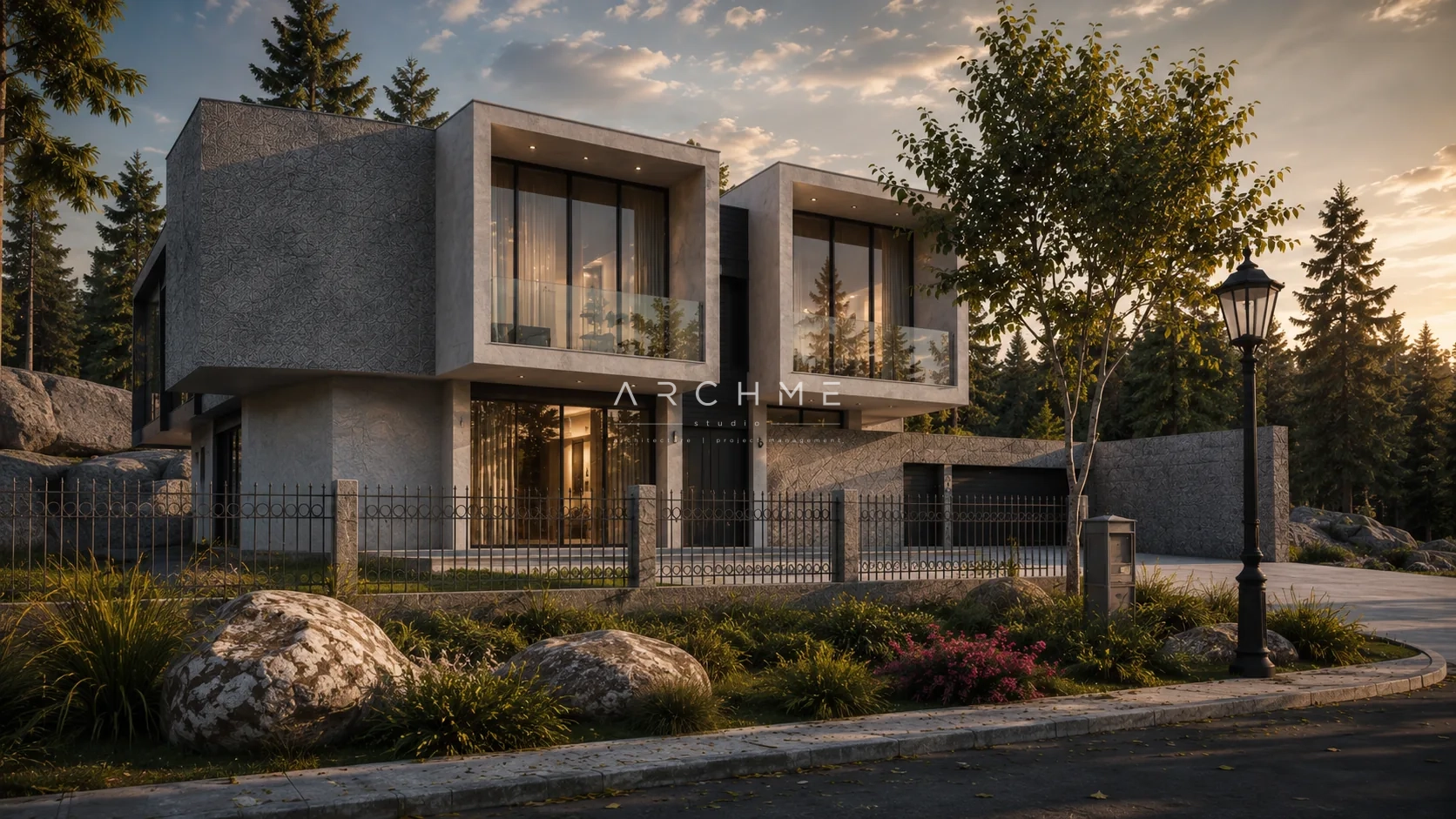 Forest Retreat House сред дърветата при златен час